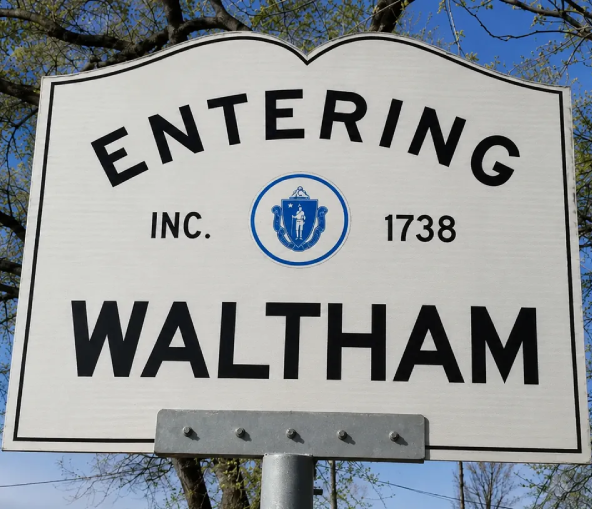 Entering Waltham, MA town line sign — Robert's Salon and Spa is minutes away in Belmont