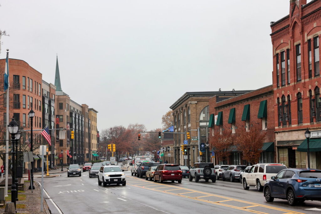 Downtown Waltham, MA on a rainy afternoon
