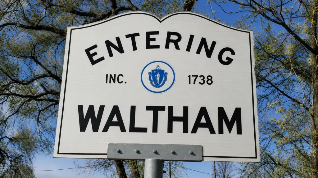 Entering Waltham, MA town line sign — Robert's Salon and Spa is minutes away in Belmont