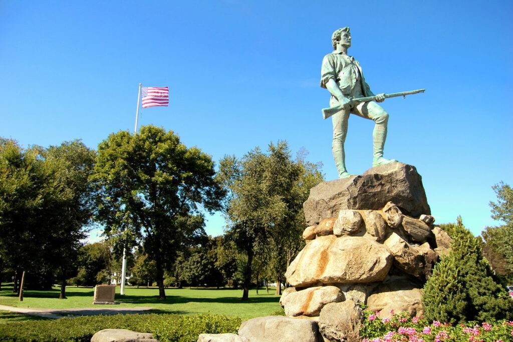 The Minuteman statue at Lexington Battle Green in Lexington, MA