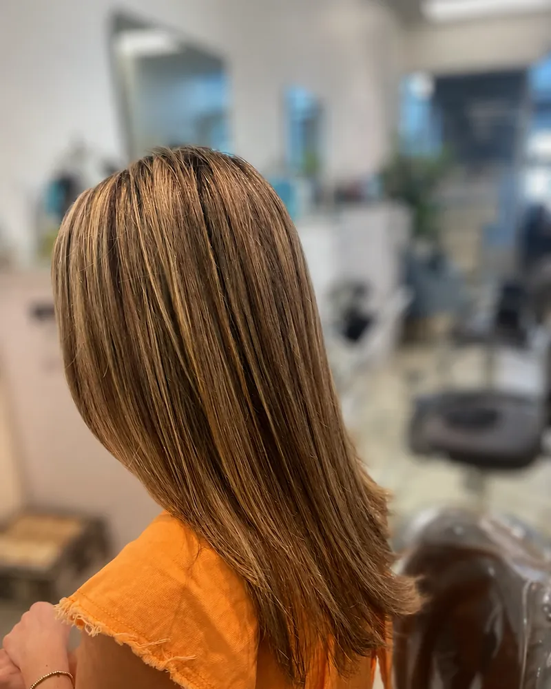 Long hair with partial foil highlights, shot from behind