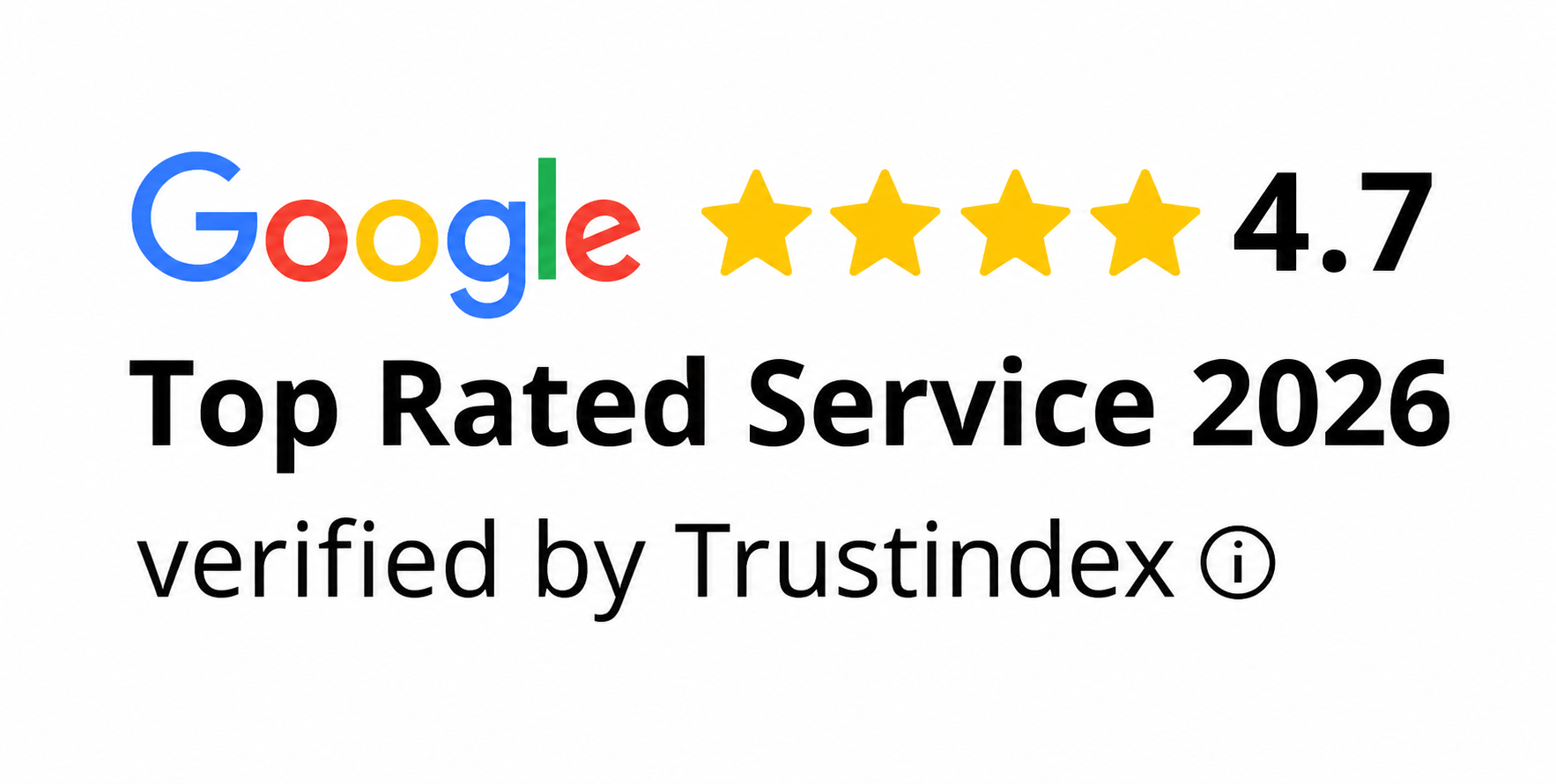 Google logo with four gold stars and a 4.7 rating, 'Top Rated Service 2026' verified by Trustindex