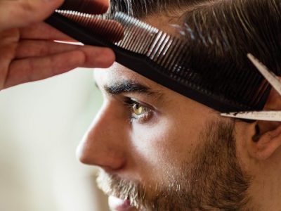 Men's haircut in progress at Robert's Salon and Spa in Belmont, MA